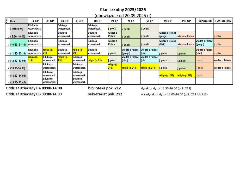 Plan lekcji na rok szkolny 2025/2026